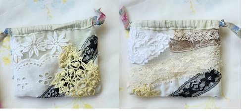 front and back of a small bag with white, yellow, and black lace