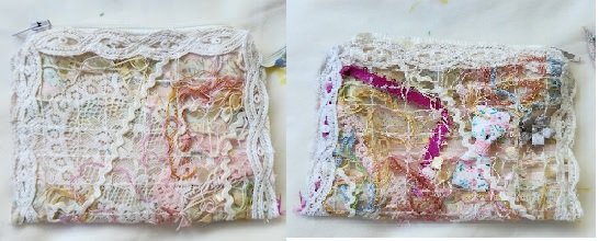 front and back of a small bag with pink and white lace and other notions sewn on.