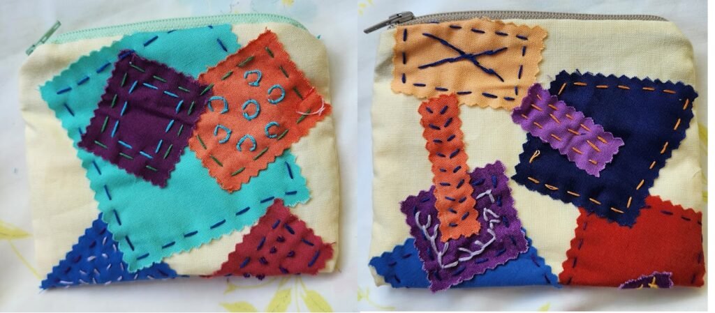 front and back of a small bag with colorful pieces of scraps sewn on with embroidery thread