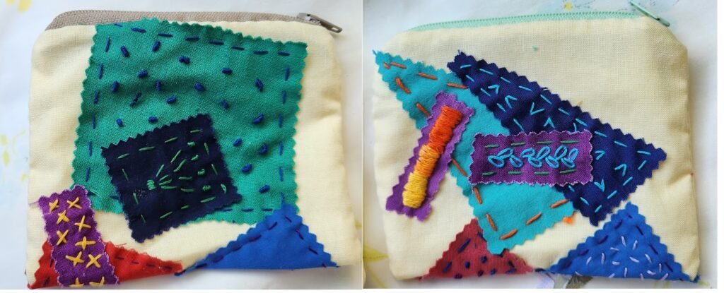 front and back of a small bag with colorful pieces of scraps sewn on with embroidery thread