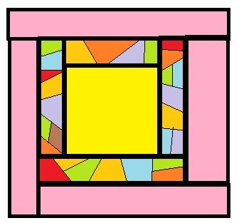 Drawing of August block: center square, first round of scramble strips, second round of solid strips.