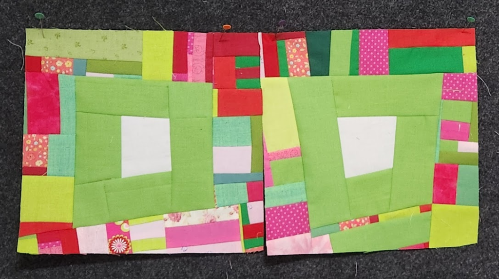 Photo of two August blocks: white wonky square followed by green and scramble strips for first and second round, respectively.