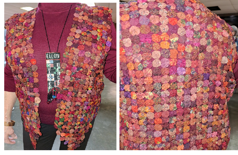 Front and back photos of a vest made of tiny one-inch yoyos.