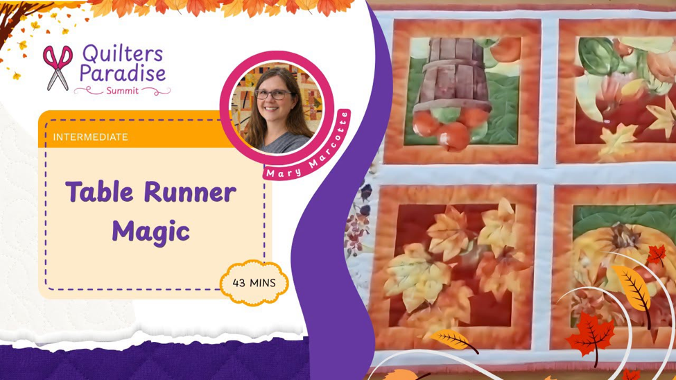 Mary's promotional photo for the QP Fall Summit. A photo of Mary and a larger photo of her table runner project. 